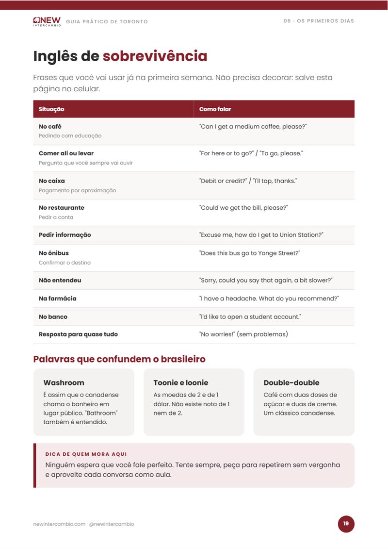 Página do guia com frases em inglês para a primeira semana