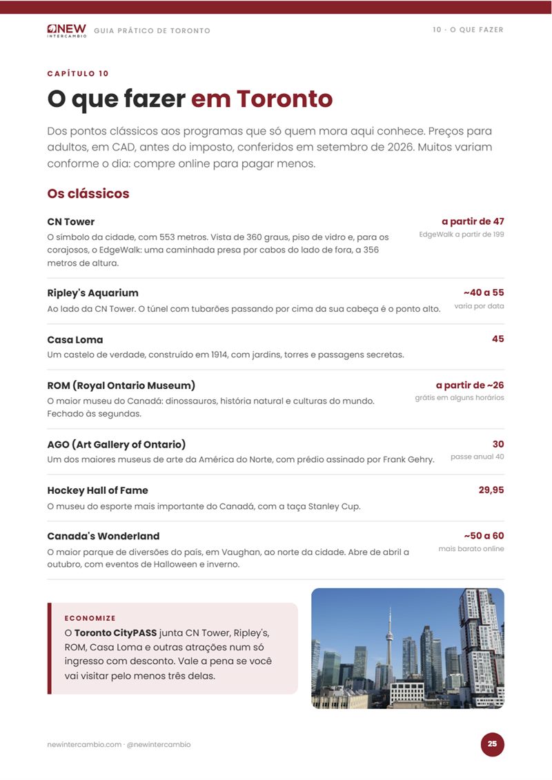 Página do guia com os passeios clássicos de Toronto e os preços